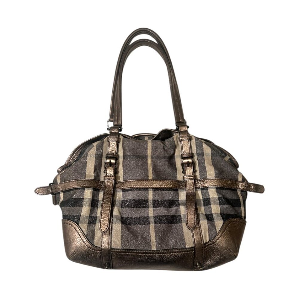 BURBERRY Metallic/Grey House Check Shimmer Fabric/ Leather Drawstring Buckle Bag